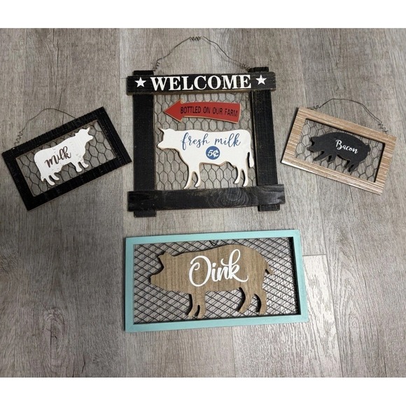 The Unbranded Brand Other - Farmhouse Hanging Wood Signs Wire Pig  & Cow Rustic Distressed Decor Set Of 4